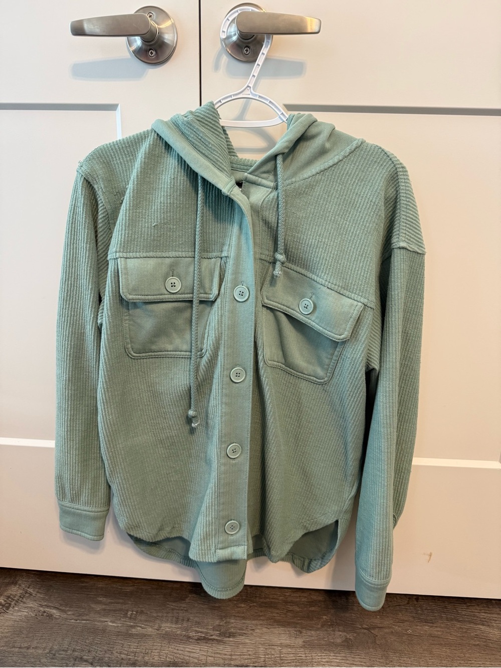 American Eagle Outfitters Sage Green Hooded Waffle Button-Up